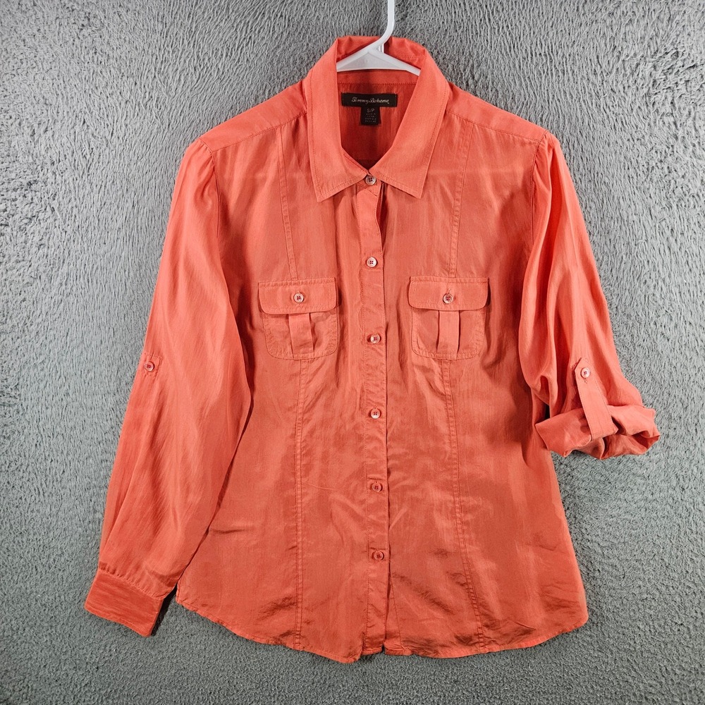 Tommy Bahama Womens Small Coral Orange 100% Silk Roll Tab Button Front Shirt Top